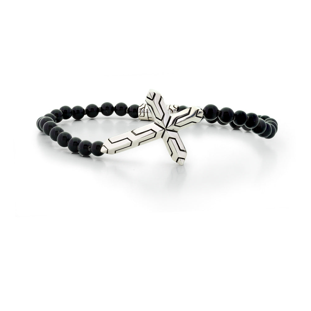 Black beaded bracelet with a silver cross charm on a white background Onyx Bead Cross Bracelet by John Hardy