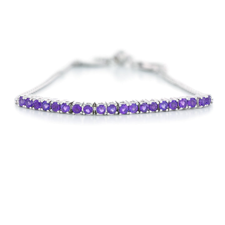 Silver bracelet with purple gemstones on a white background Adjustable African Amethyst Bar Bracelet by Samuel B.