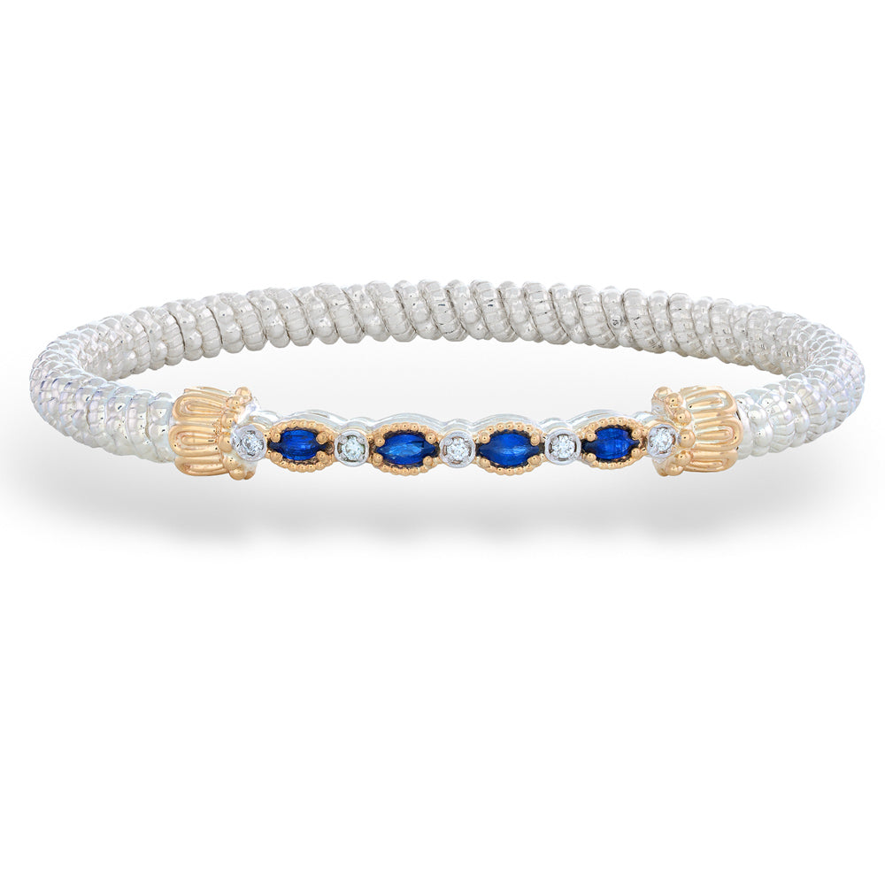 Bracelet with white rope design, gold accents, and blue gemstones on a white background Blue Sapphire and Diamond Bracelet by Vahan