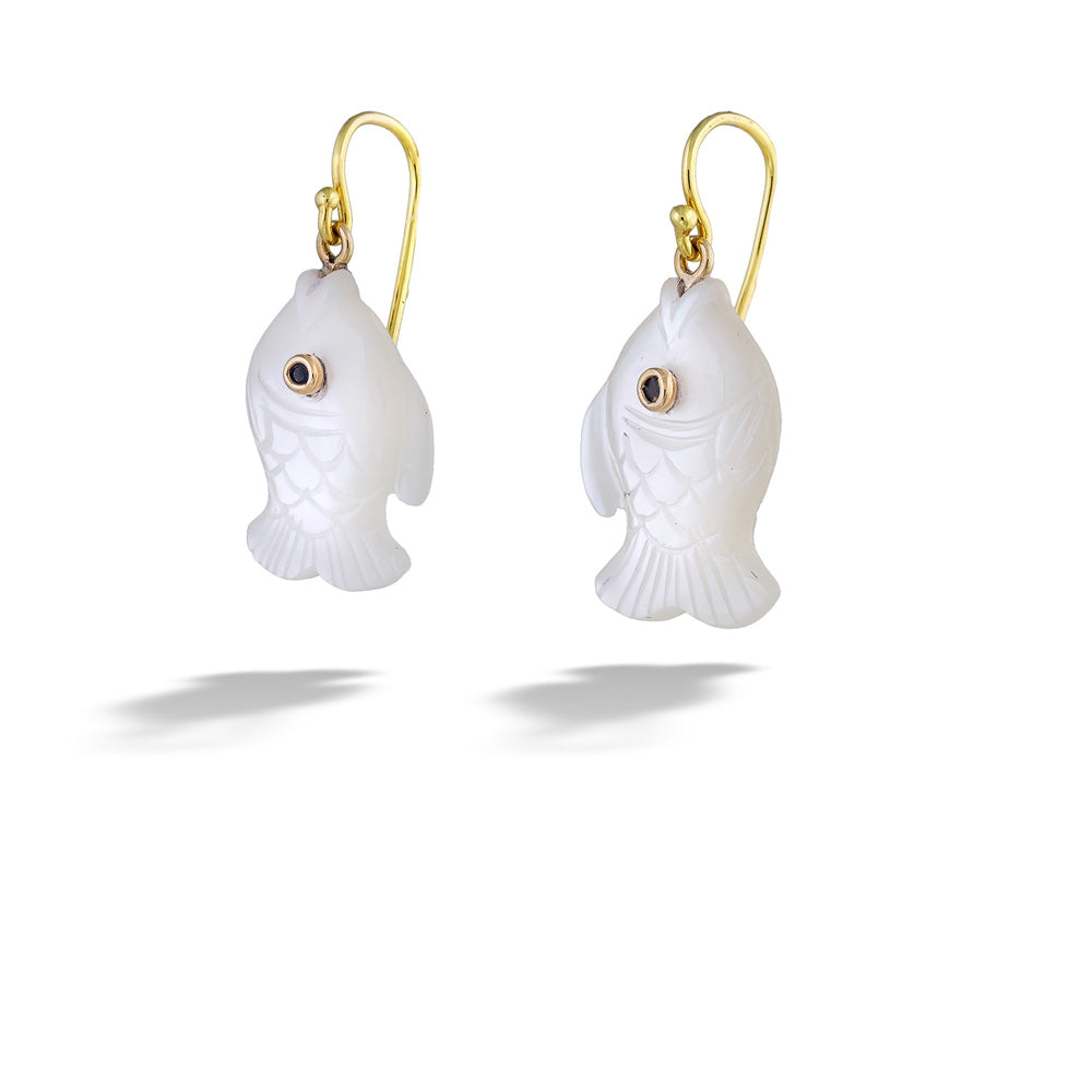  Mother of Pearl Fish Earrings with Sapphire Eyes by Mazza sides