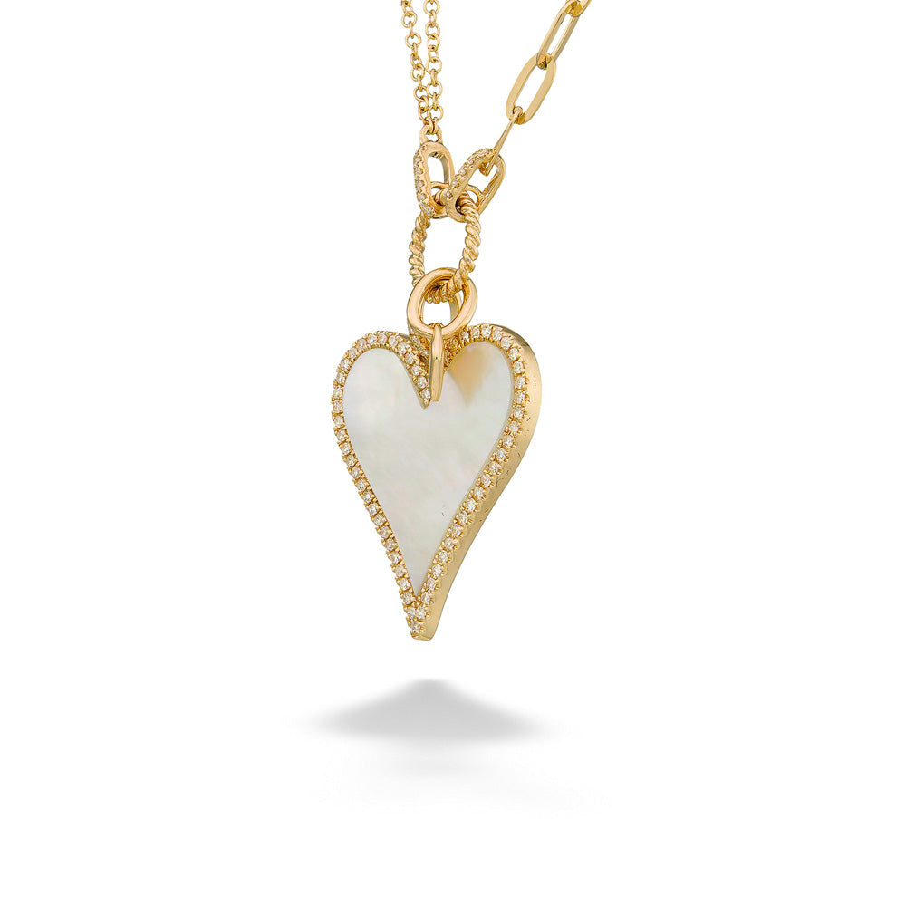 Mother Of Pearl & Diamond Heart Pendant & Paperclip Chain by Shy Creation