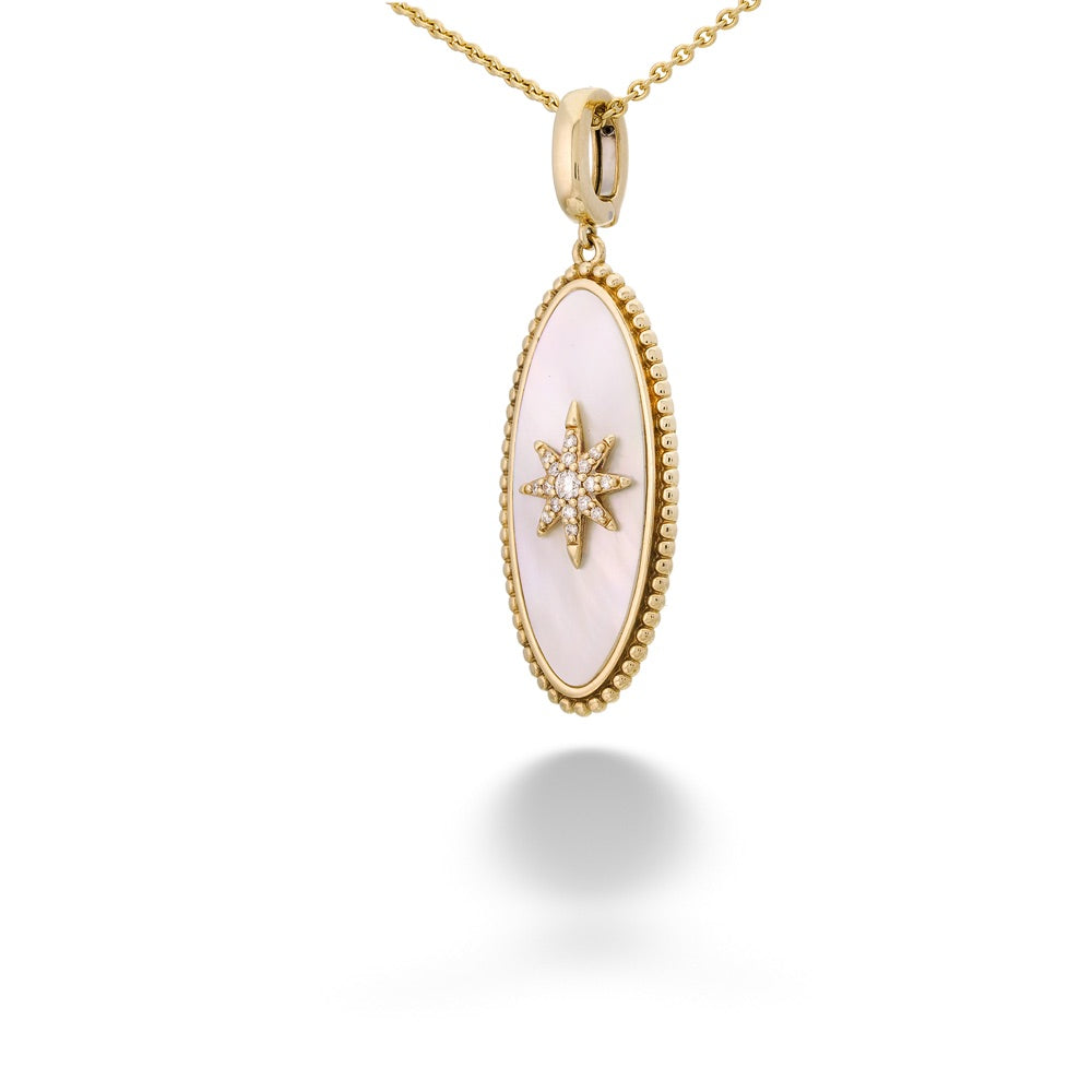 Gold necklace with a pink pendant on a white background Starburst Oval Medallion Necklace by Gabriel & Co.