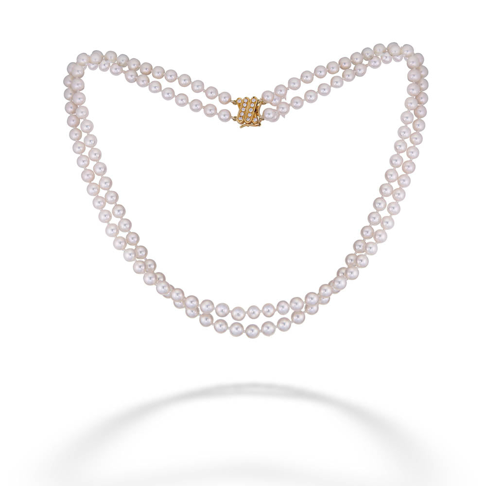 Diamond Clasp Double Pearl Strand Necklace