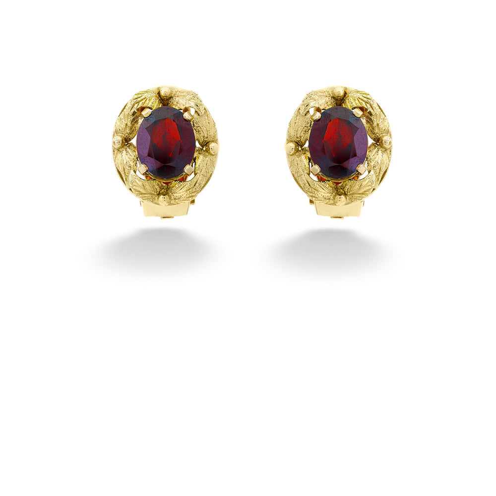 Oval Garnet Earrings with Leaf Accents