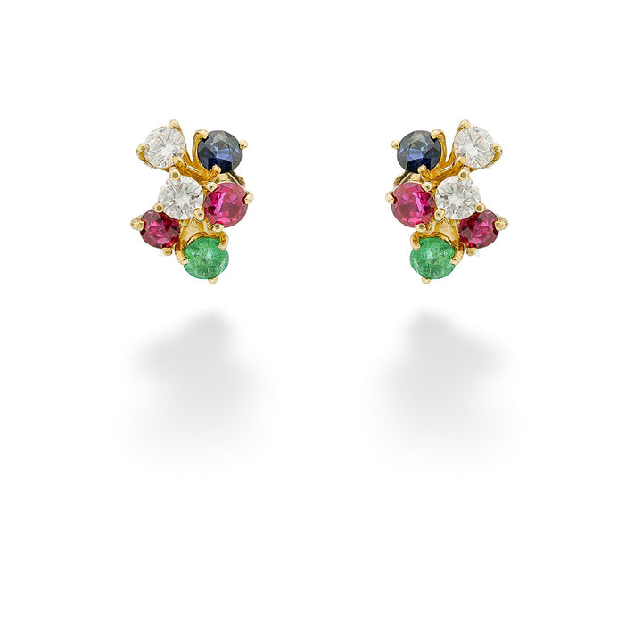 Diamond, Sapphire, Ruby & Emerald Cluster Earrings