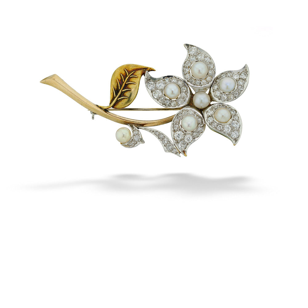 European Cut Diamond & Pearl Flower Brooch