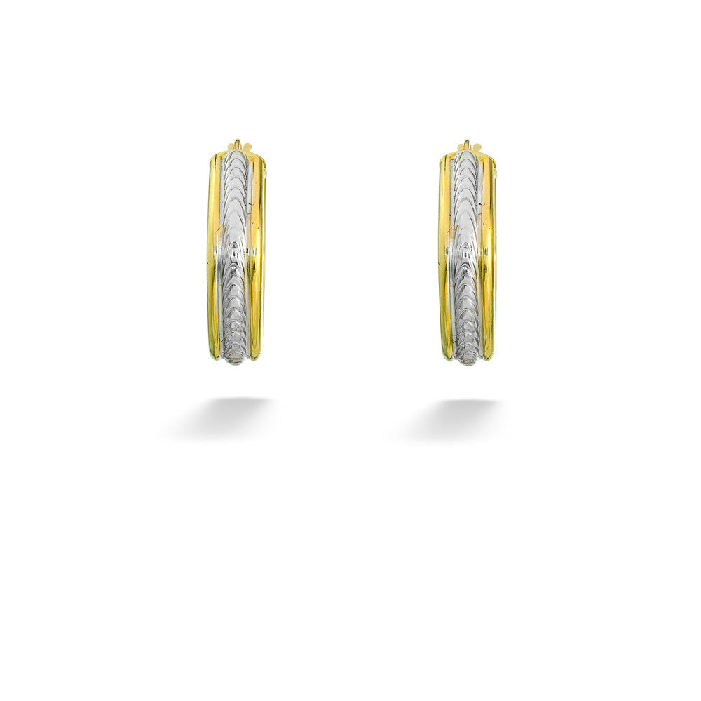 14K Yellow Gold and Rhodium Center Square Hoop Earrings