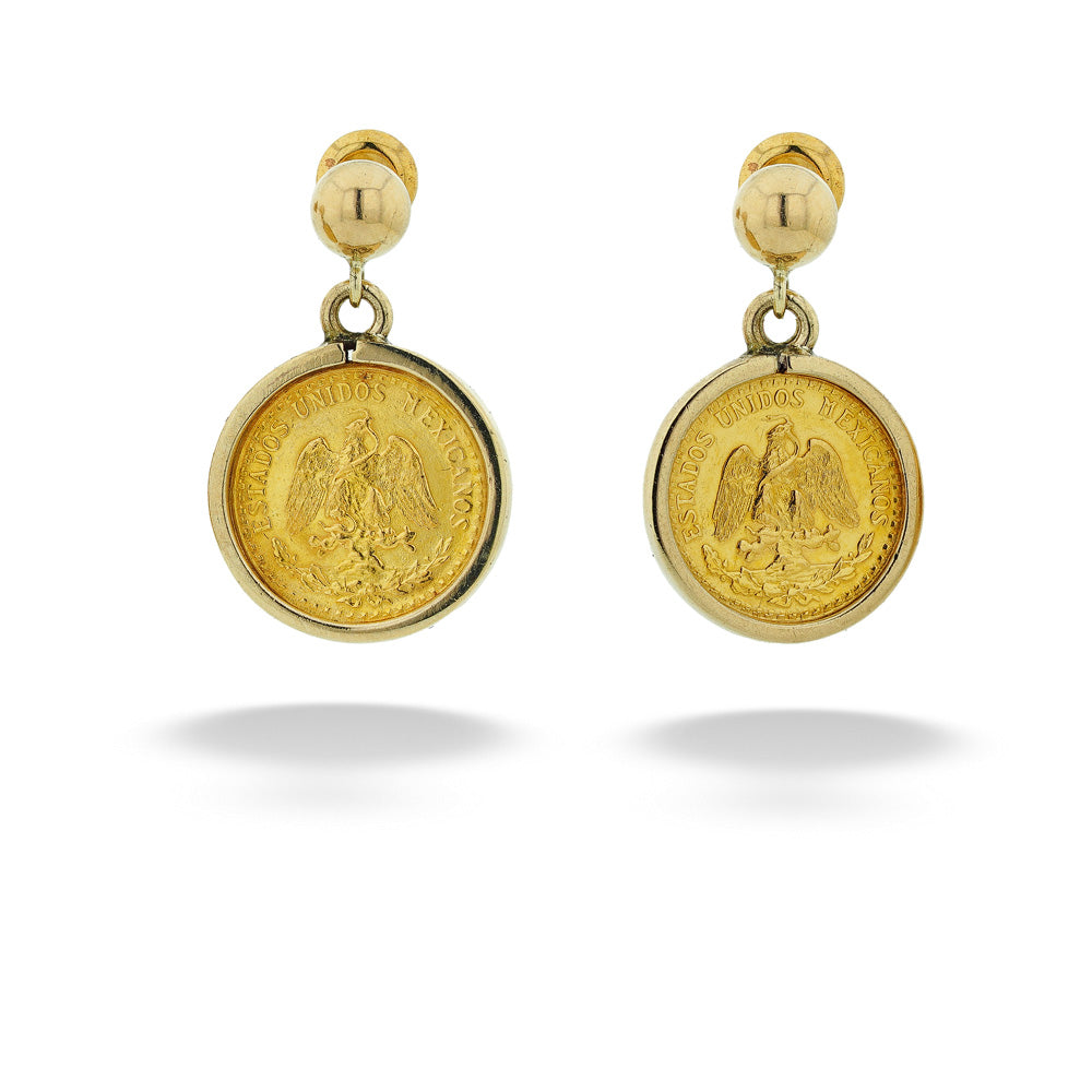 14 Karat Yellow Gold 1945 Dos Pesos Gold Coin Drop Earrings