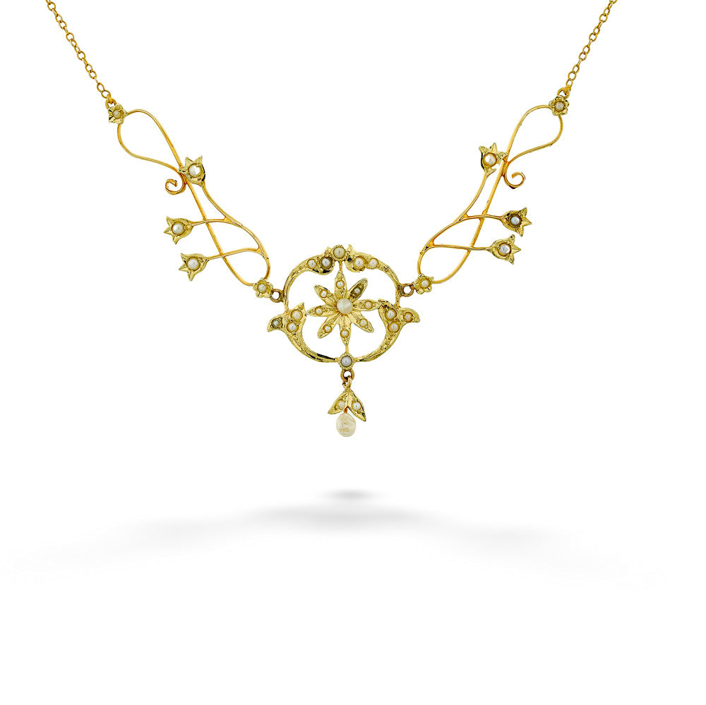 14 Karat Yellow Gold Art Nouveau Style Seed Pearl Floral Necklace