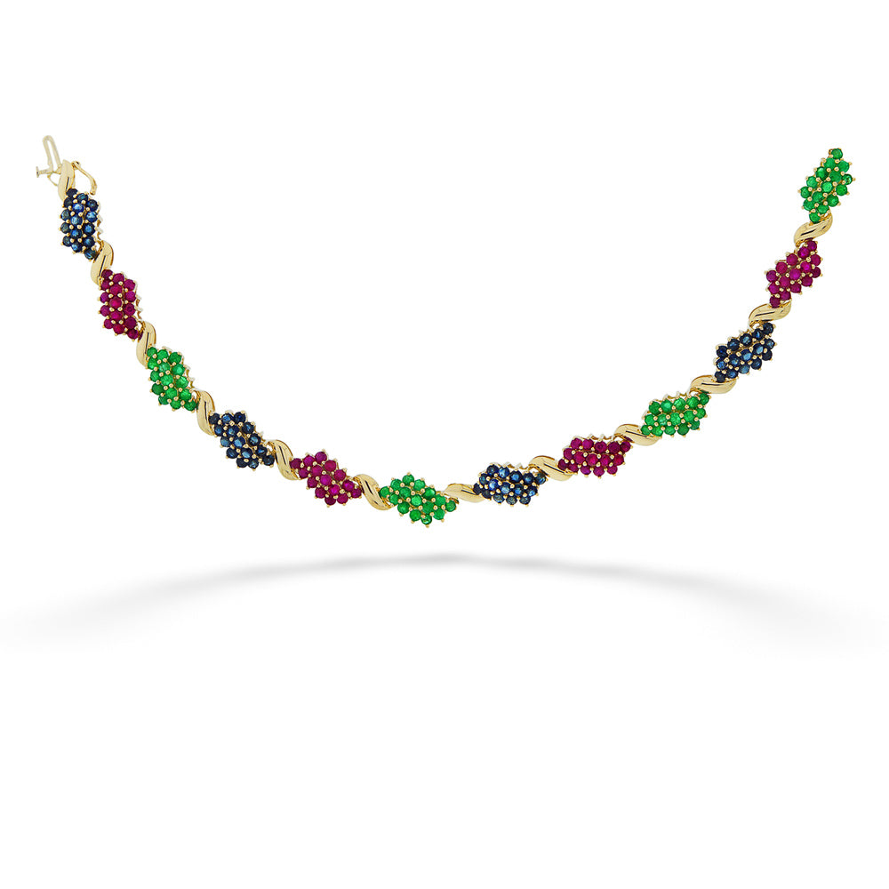 14K Yellow Gold Ruby, Sapphire & Emerald Cluster Bracelet
