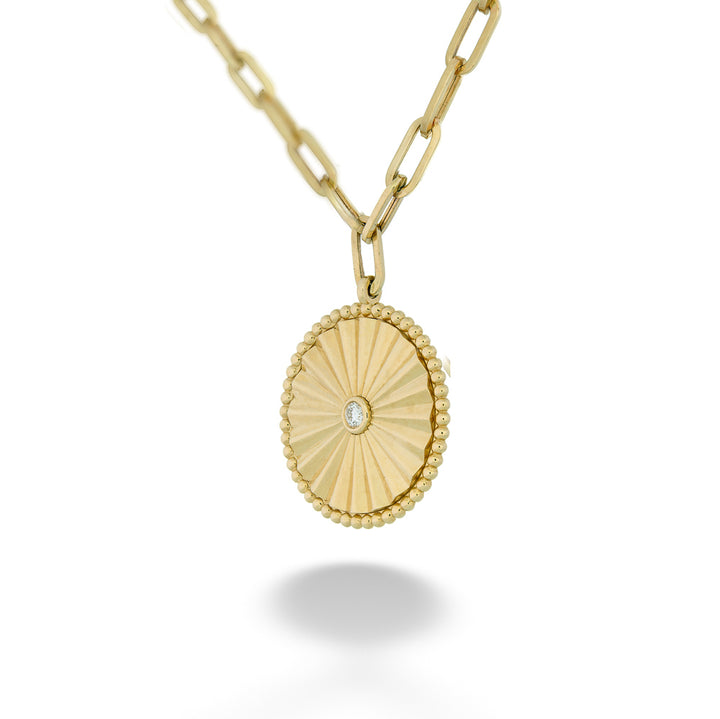 Gold necklace with a round pendant on a white background Radiant Diamond Medallion with Paperclip Chain by Gabriel &amp; Co.