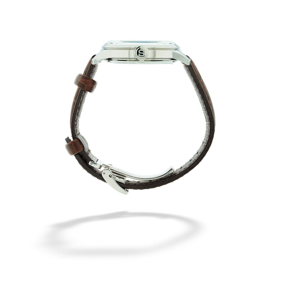 Silver watch with brown leather band on a white background Seiko Presage Blue Automatic Watch