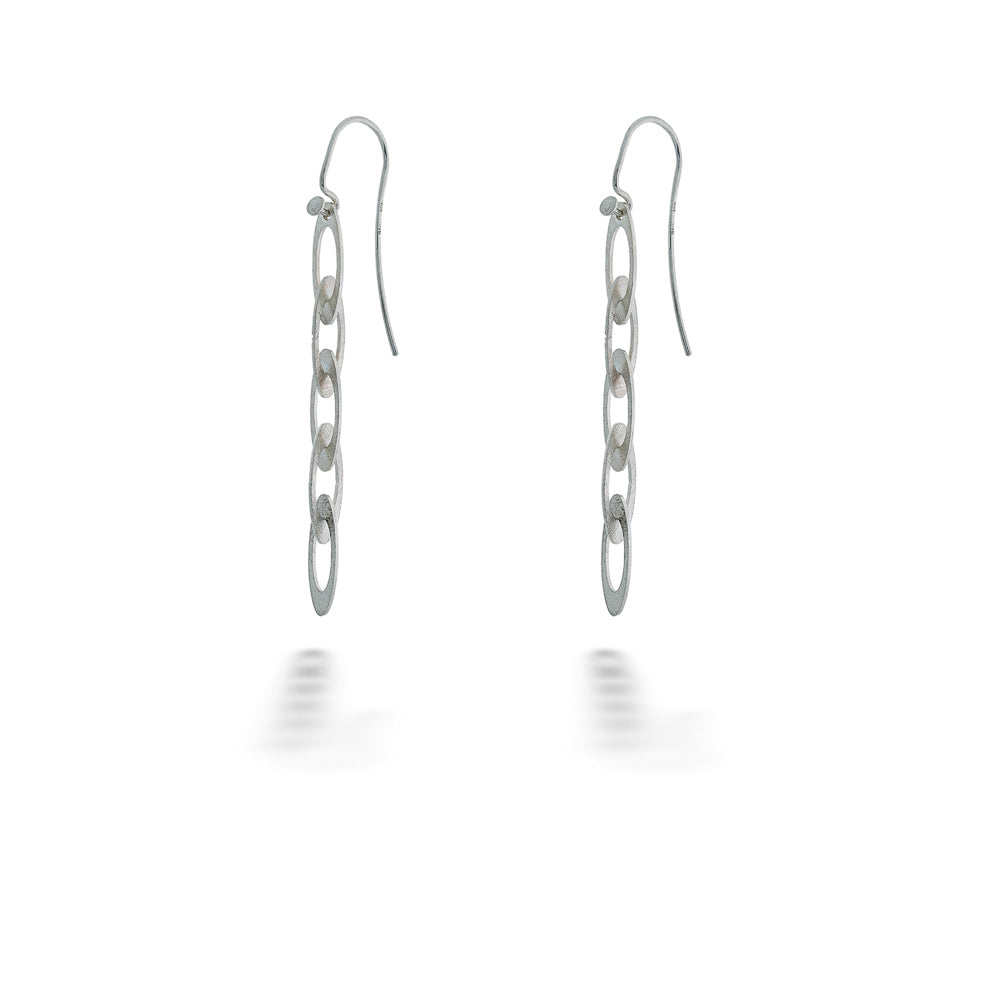 Pair of silver chain link earrings on a white background  Marquise Chain Earrings by Mysterium 