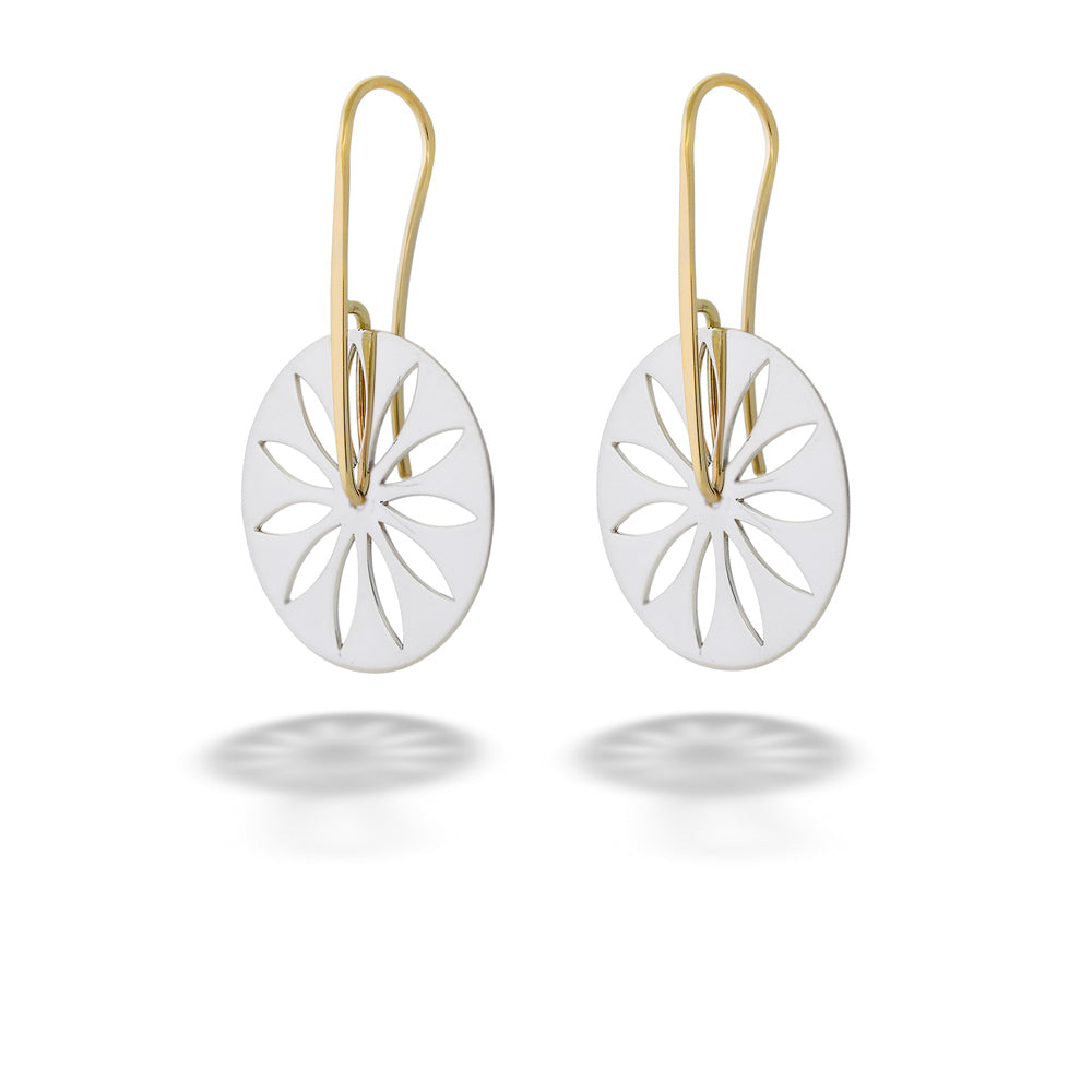 Pair of white floral cutout earrings with gold hooks on a white background Carnival Earrings by E.L. Designs 