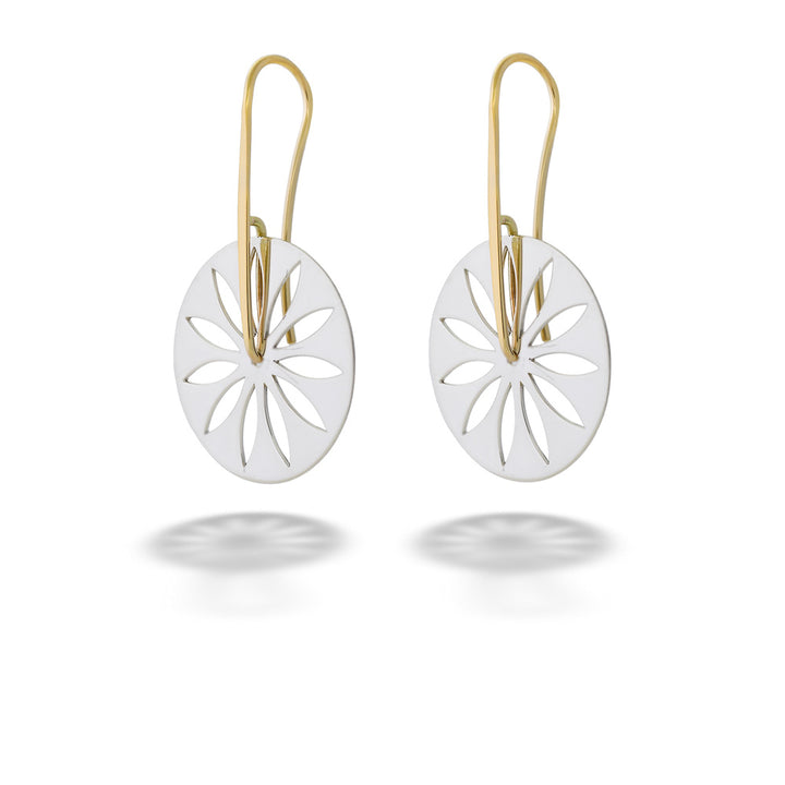 Pair of white floral cutout earrings with gold hooks on a white background Carnival Earrings by E.L. Designs 