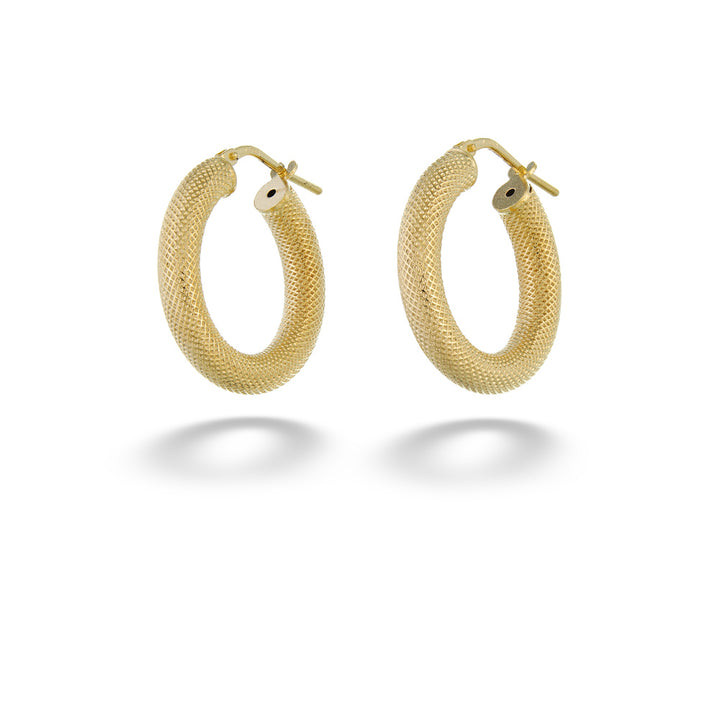 Pair of gold hoop earrings on a white background 15mm Textured Hoops by Miss Mimi
