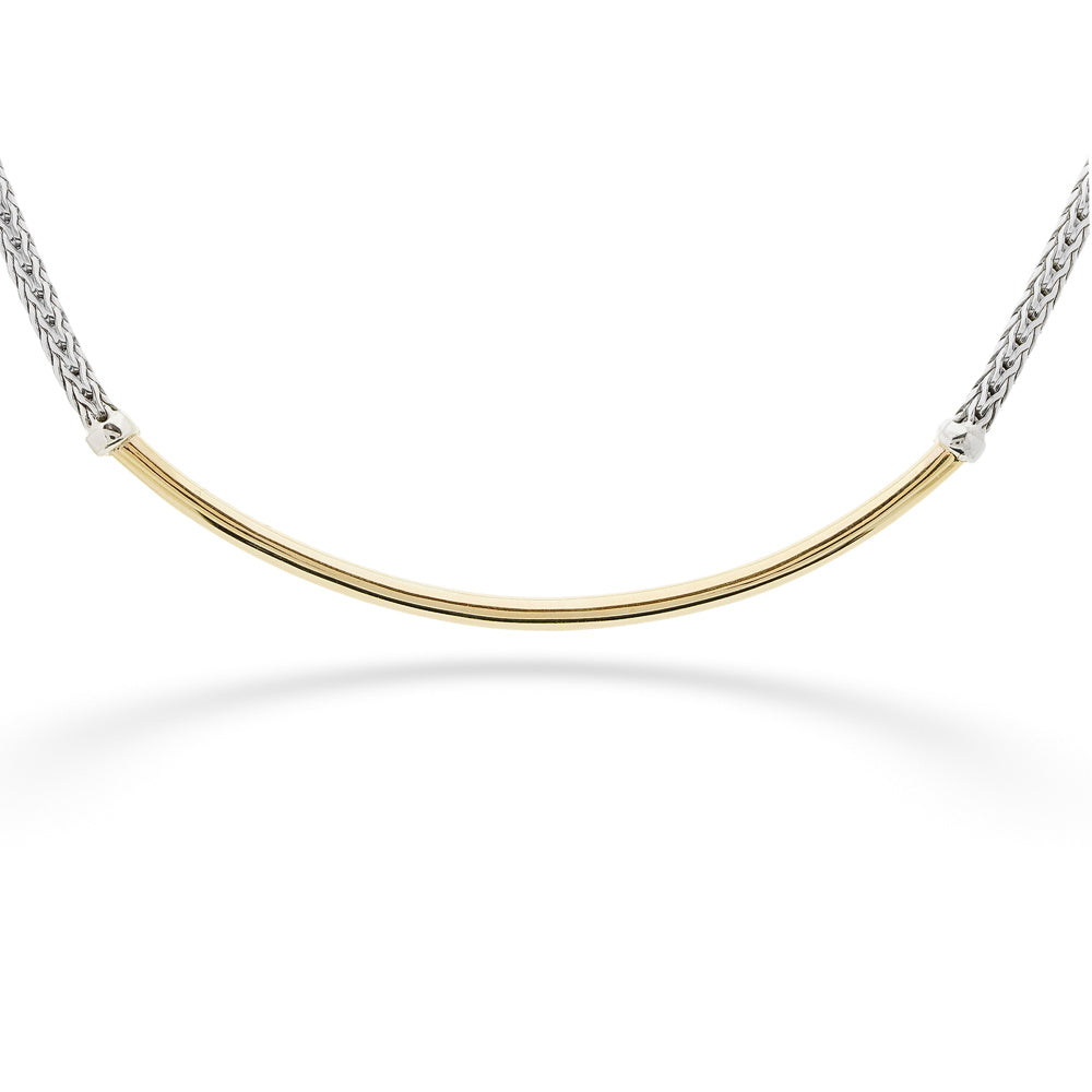 Gold and silver necklace on a white background Curved Bar Necklace by John Hardy