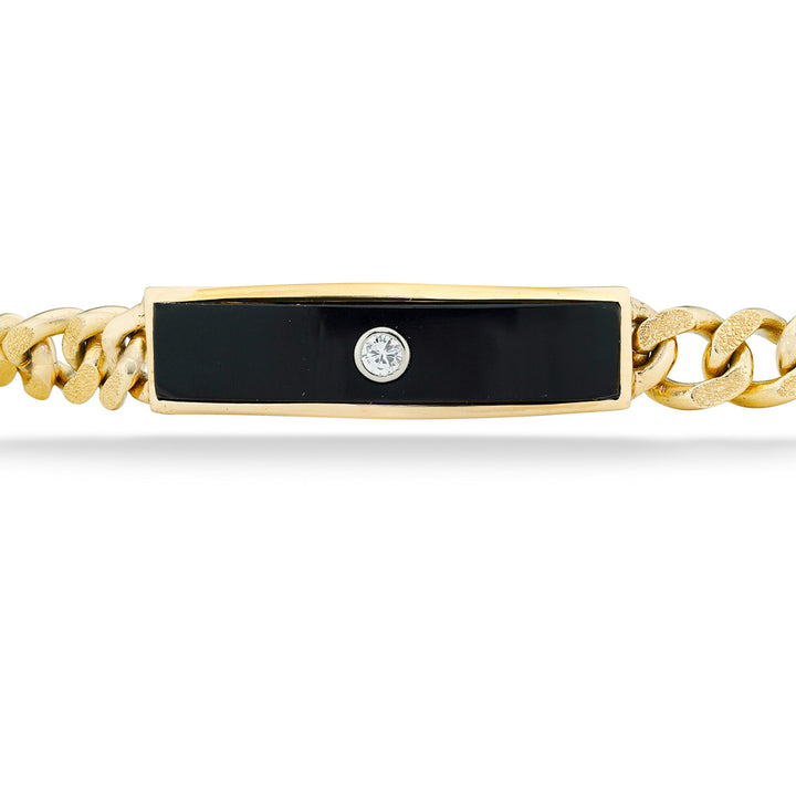 14ky Onyx & 0.22tdw Diamond "ID" Style Bracelet with Curb Chain Links 7.75"