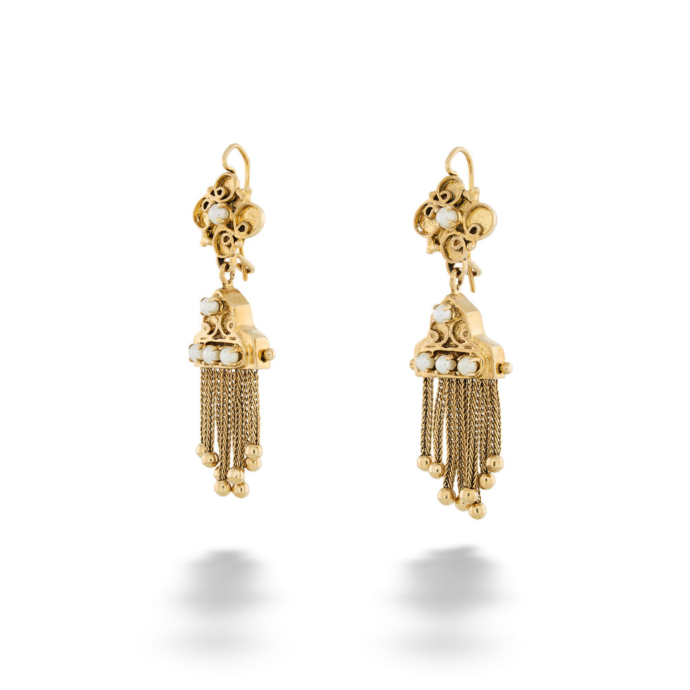 Pair of gold earrings with pearl accents on a white background "Victorian Style" Tassel Earrings