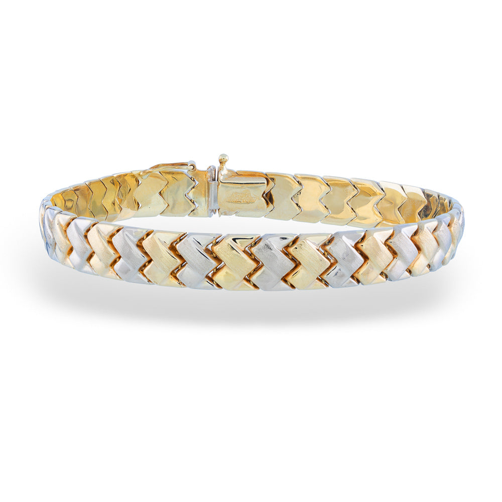 Gold and silver chevron pattern bracelet on a white background Geometric Stamped Bracelet by Aurafin