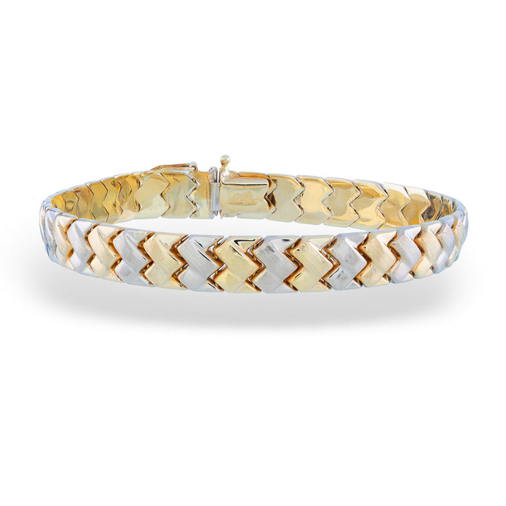 Gold and silver chevron pattern bracelet on a white background Geometric Stamped Bracelet by Aurafin