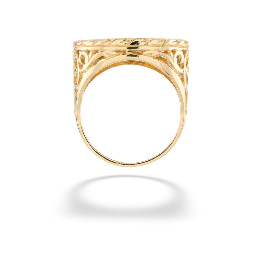 Gold ring with intricate design on a white background 2002 Eagle Coin Ring