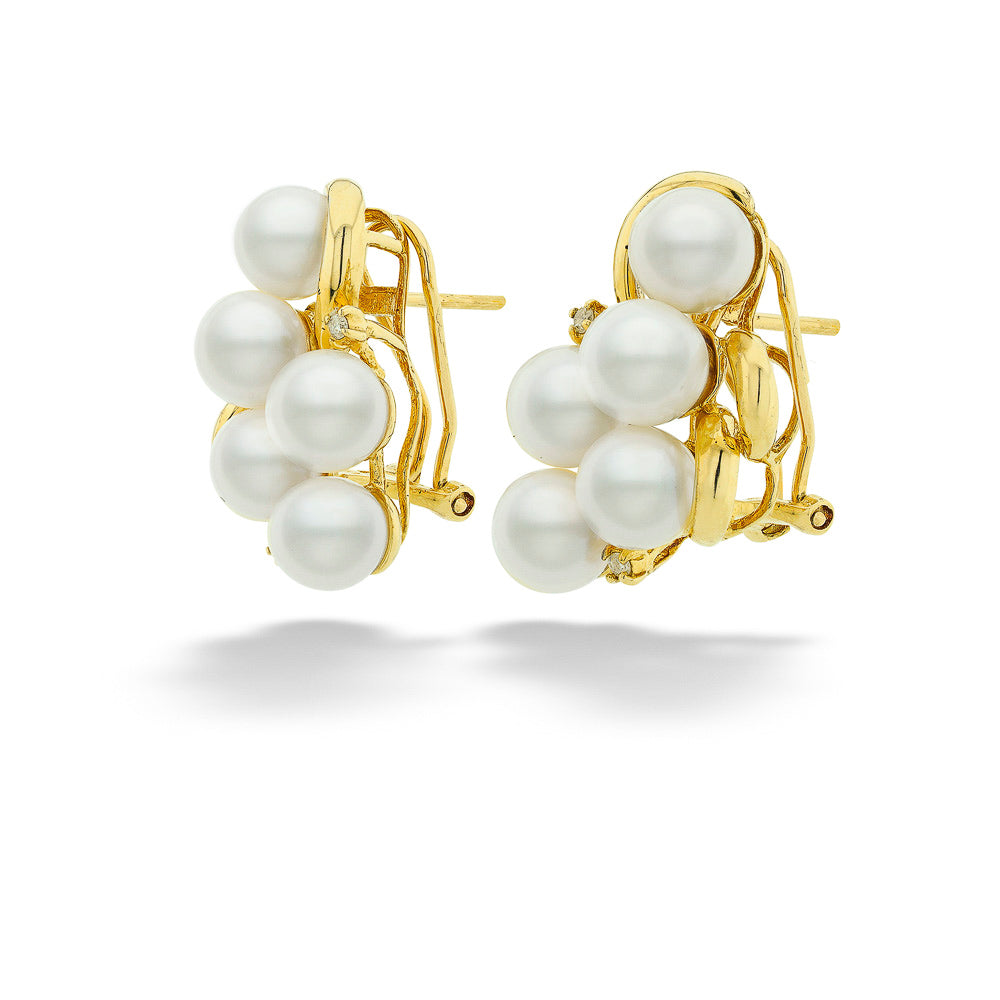 14K Yellow Gold Pearl & Diamond Cluster Earrings