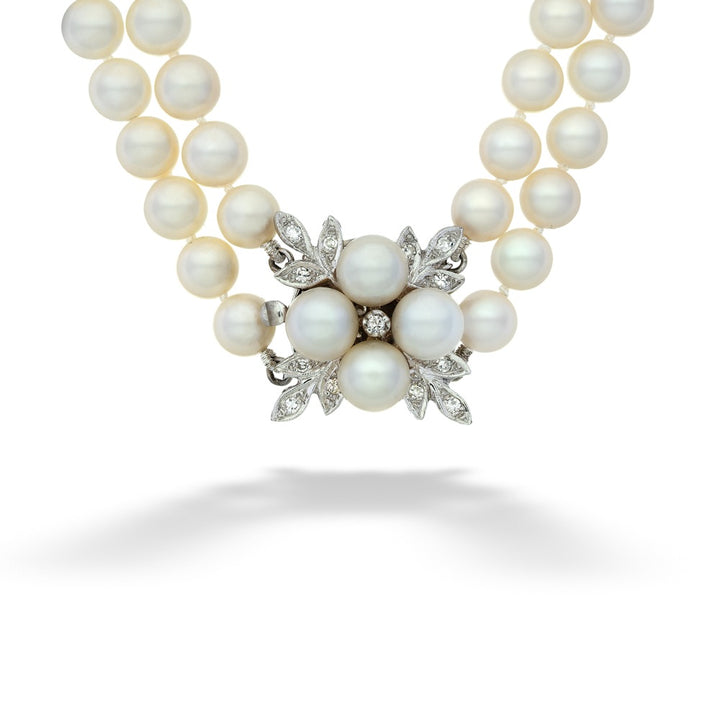 Akoya Pearl Double Strand Necklace with Diamond Flower Clasp