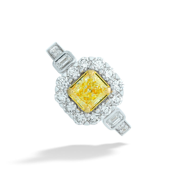 Square-Cut Yellow Diamond Ring with Diamond Halo