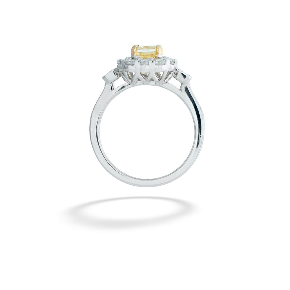 Square-Cut Yellow Diamond Ring with Diamond Halo