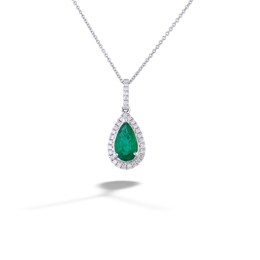  Teardrop Emerald and Diamond Halo Necklace 
