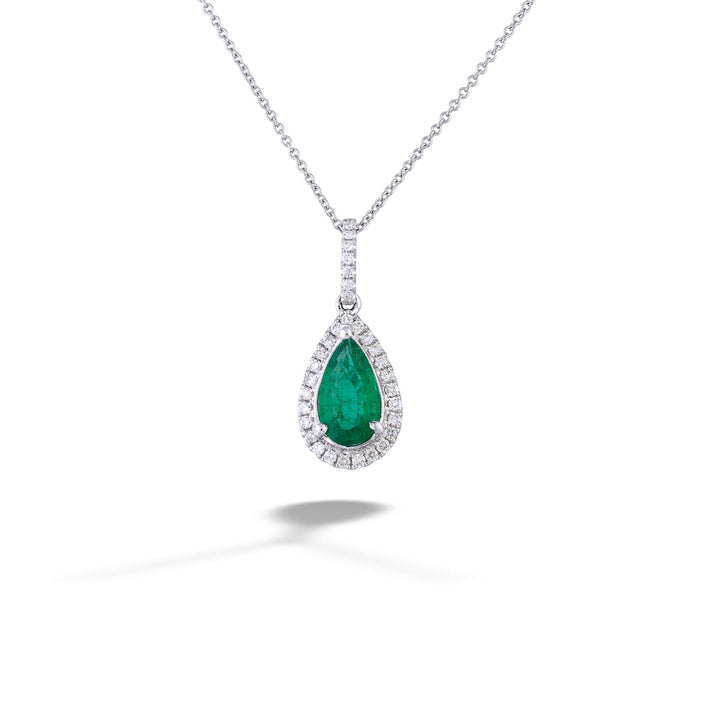  Teardrop Emerald and Diamond Halo Necklace 