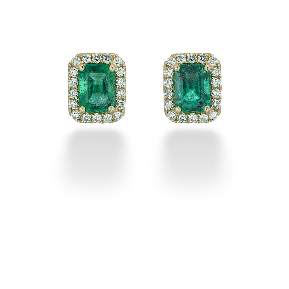 18K Yellow Gold Emerald & Diamond Halo Earrings