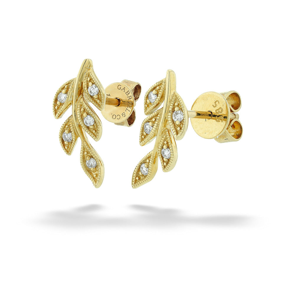 Yellow Gold Diamond Leaf Stud Earrings by Gabriel & Co.