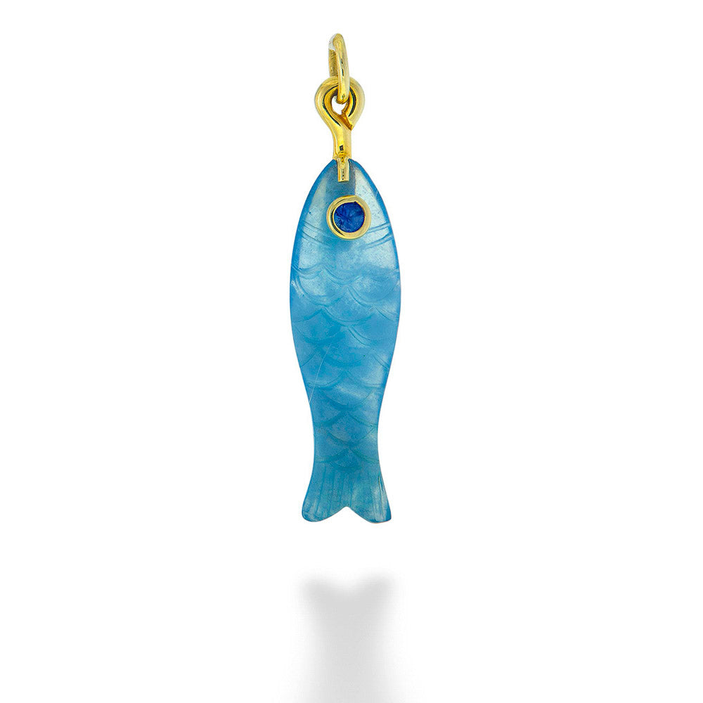 Carved Aquamarine & Sapphire Fish Pendant by Mazza