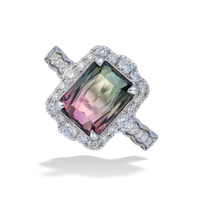 Bi Color Tourmaline and Diamond Halo Ring 