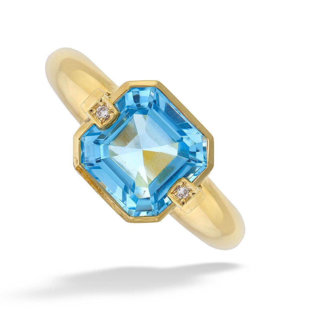 Square Cut Blue Topaz & Diamond Ring by Mazza