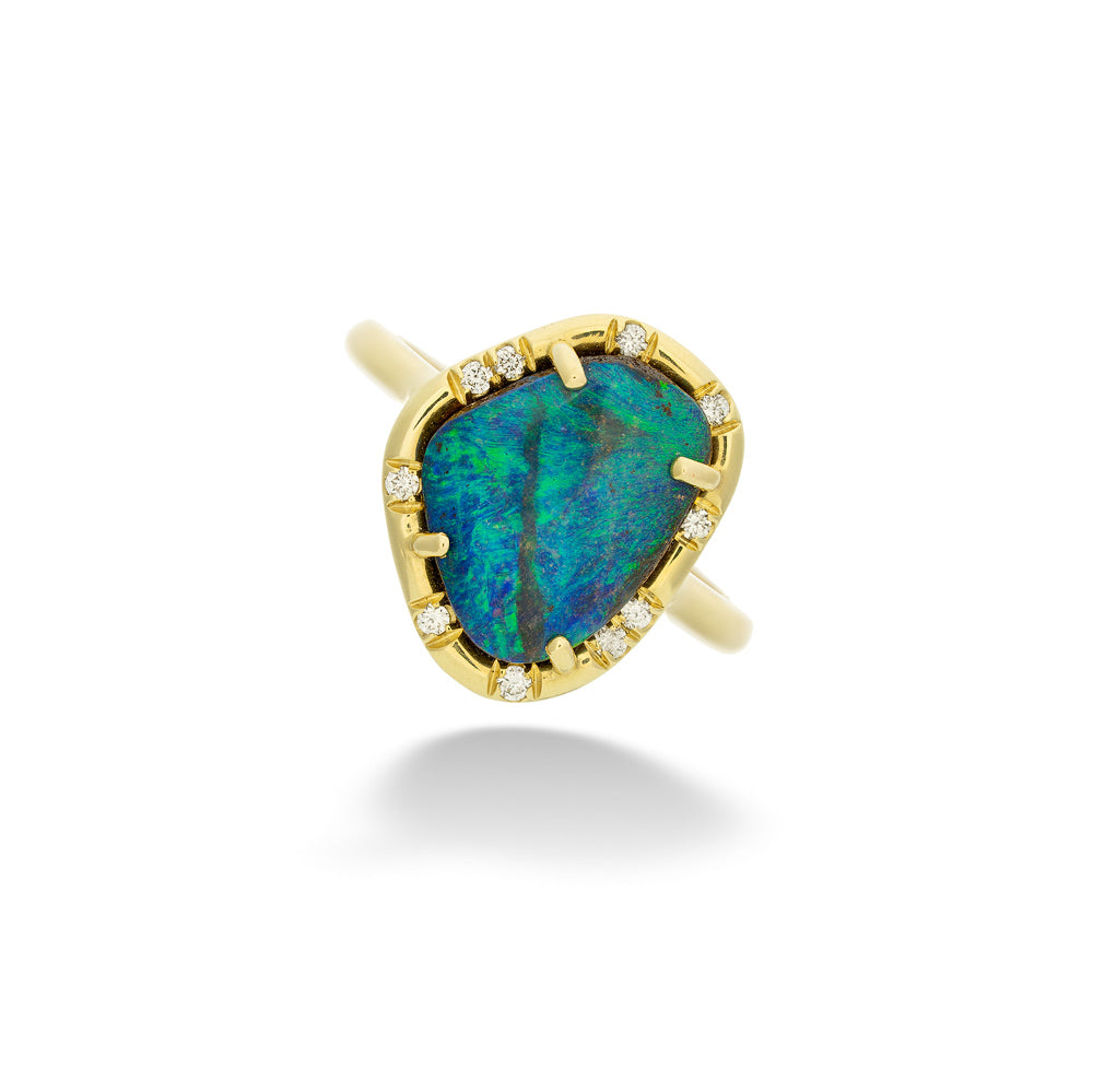 Abstract Boulder Opal and Diamond Sprinkle Ring by Lauren K.