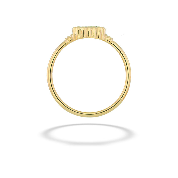 Gold ring with a textured band on a white background Emerald-Cut Peridot Ring