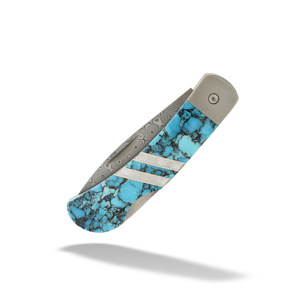 Damascus Steel 3" Knife with Turquoise and Mother of Pearl by Santa Fe Stoneworks