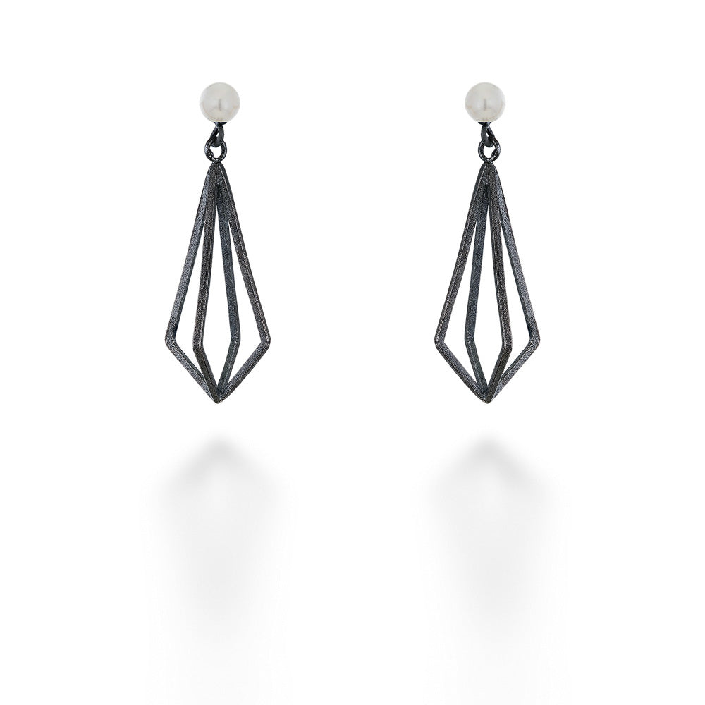 Pearl Studs with Geometric Silver Kite Dangle