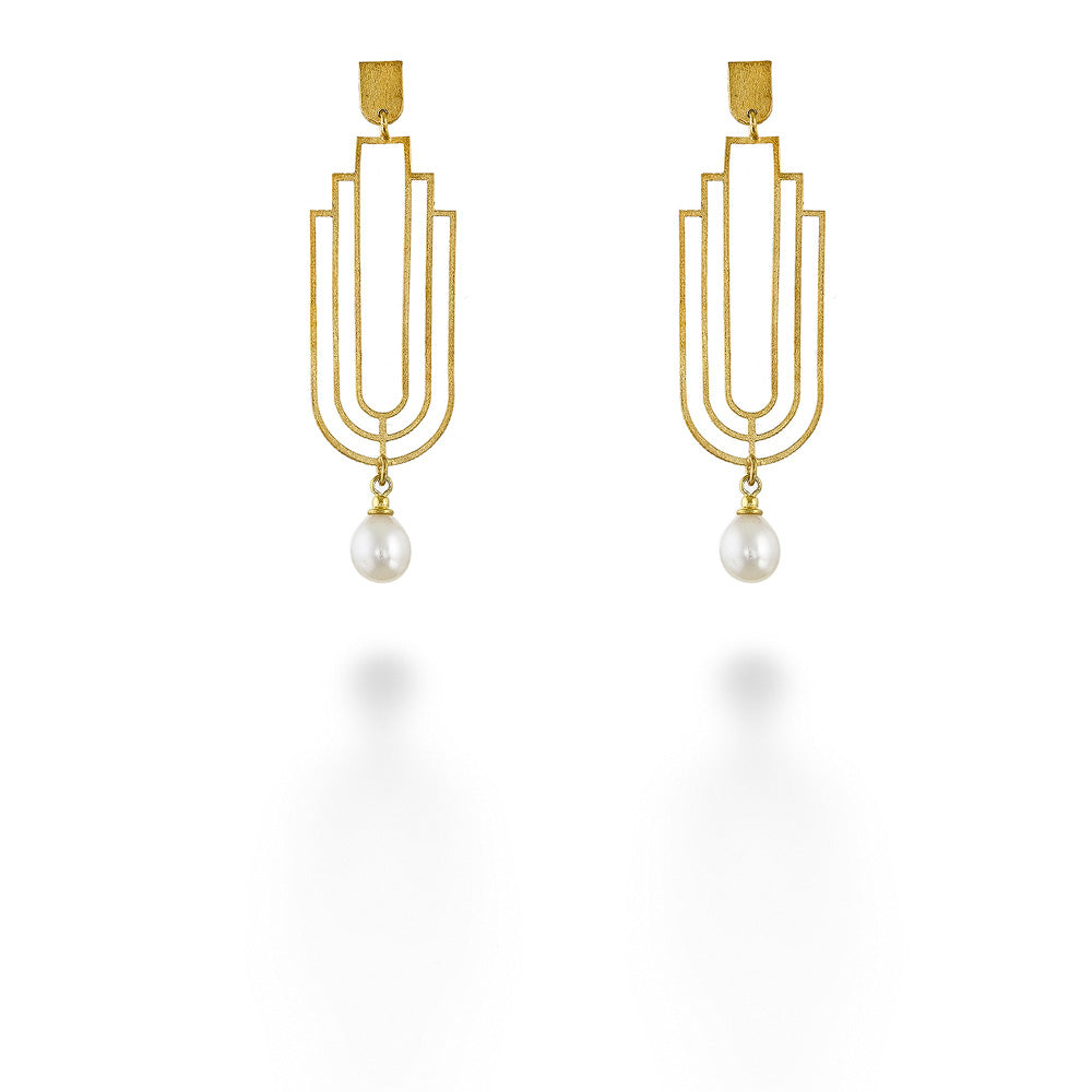 Gold Plated Art Deco Style Dangle Earrings with Pearls by Mysterium