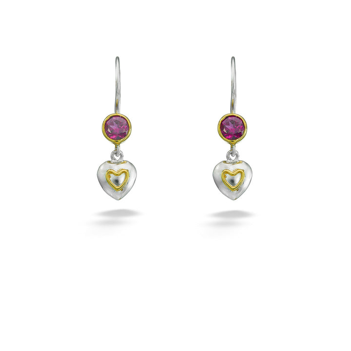 Garnet & Two-Tone Heart Drop Earrings by Michou