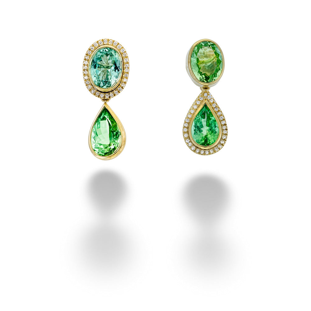 Fancy Shaped Green Tourmaline & Diamond Drop Earrings by Mazza