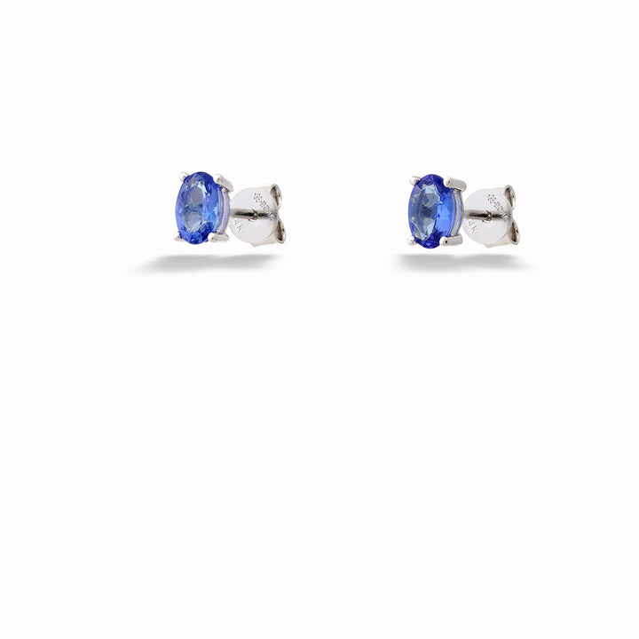 Pair of silver earrings with blue gemstones on a white background Oval Tanzanite Stud Earrings