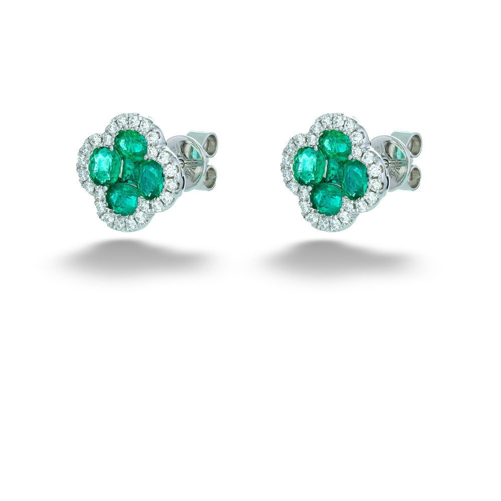 Pair of emerald and diamond earrings on a white background Emerald and Diamond Clover Earrings by Shy Creation