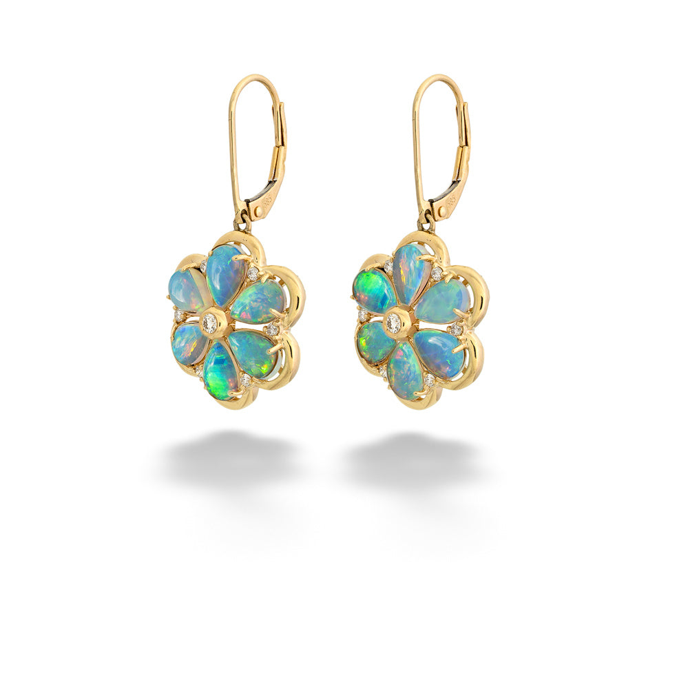 Gold earrings with opal stones on a white background  Opal Flower Earrings 