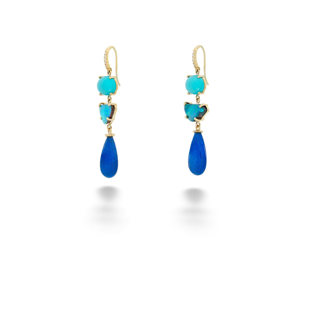 Pair of earrings with blue and turquoise stones on a white background  Turquoise, Boulder Opal, Lapis and Diamond Dangle Earrings by Lauren K. 