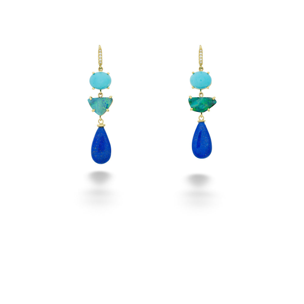  Turquoise, Boulder Opal, Lapis and Diamond Dangle Earrings by Lauren K. 