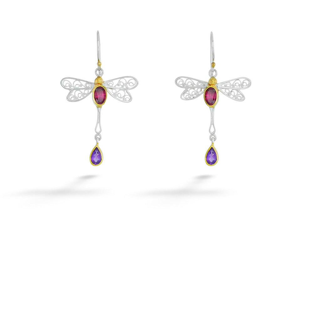 Amethyst and Garnet Dragonfly Earrings by Michou